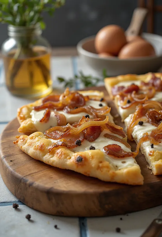 Flammkuchen tejföllel, hagymával és szalonnával