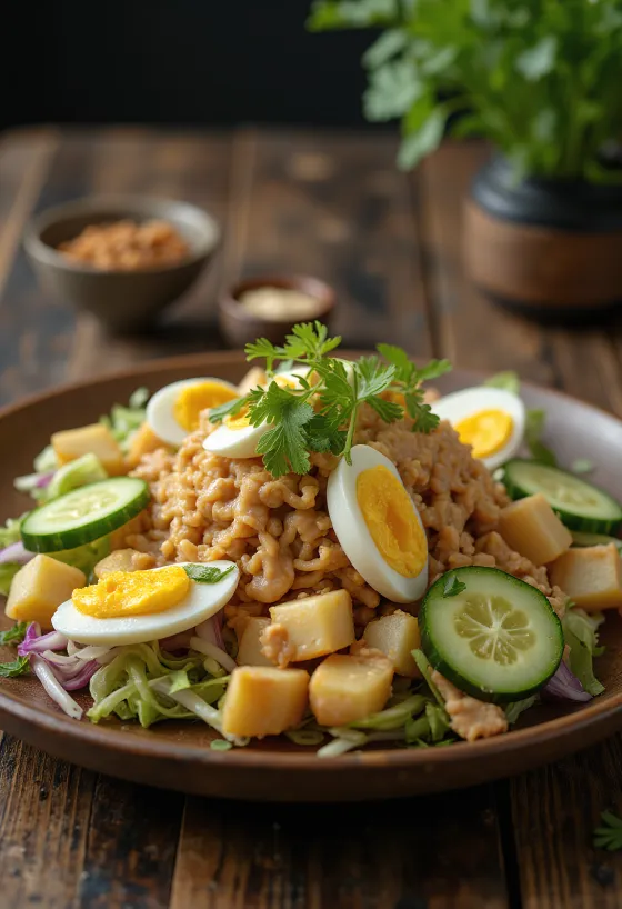 Gado-gado burgonyával és uborkával, friss korianderrel díszítve