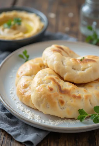 Gluténmentes pita kenyér aranybarnára sütve, rusztikus deszkán tálalva