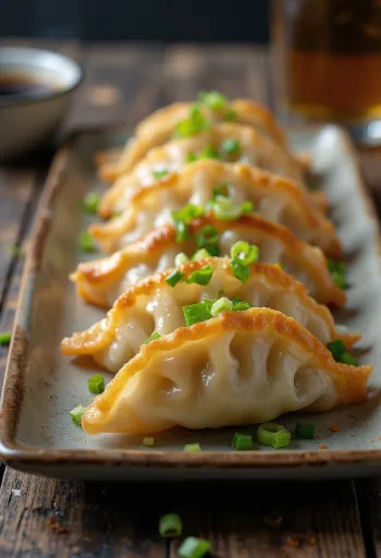 Gyoza fokhagymával és húsos töltelékkel tálalva, ropogós aljú és aranybarna színű.