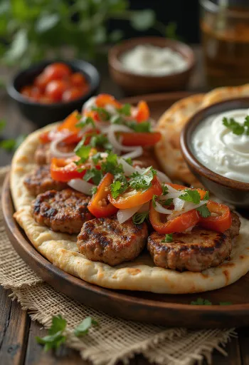 Köfte kebab grillezett húsgolyók lapos kenyérrel, grillezett zöldségekkel és joghurtos szósszal