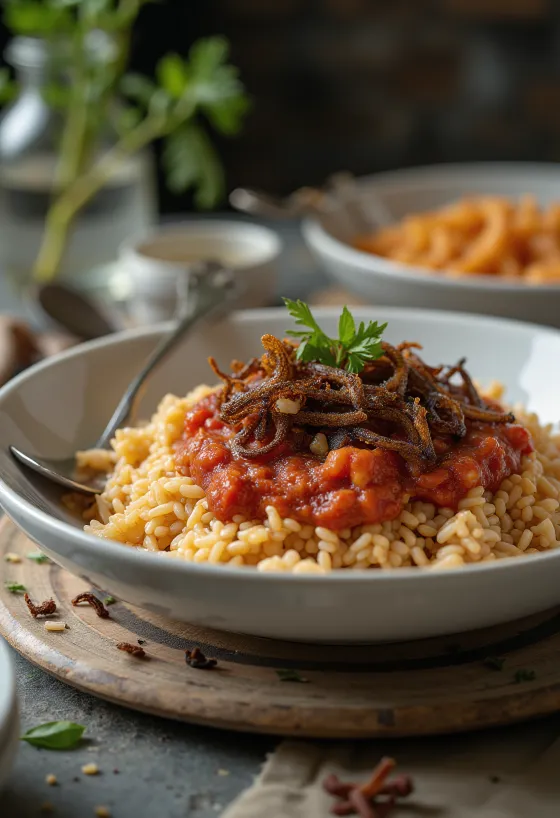 Koshari bazsalikommal, egyiptomi étel rizsből, lencséből és makaróniból, gazdag paradicsomos szószban, bazsalikommal