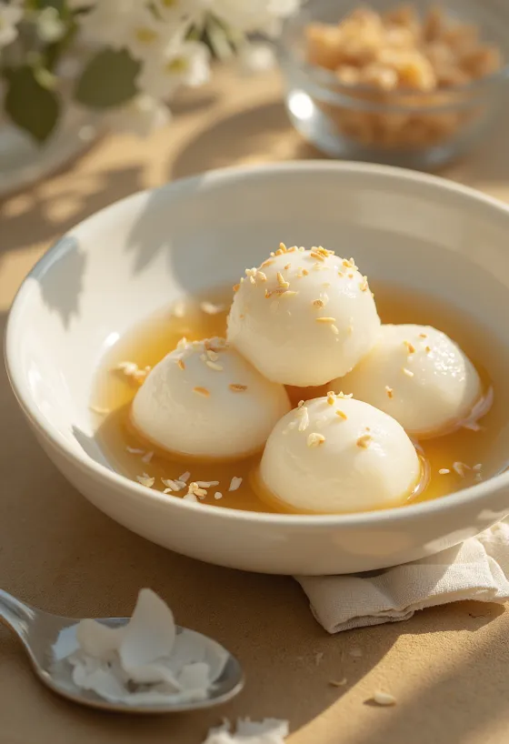 Lótuszmagpürés Tangyuan, szezámmaggal és kókuszreszelékkel tálalva