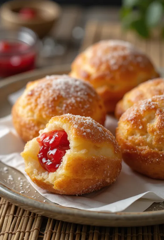 Malasada eperdzsemmel, frissen sült édes gombócok, meleg eperdzsemmel tálalva