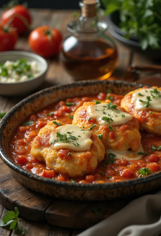 Milanesa napolitana petrezselyemmel tálalva, paradicsomos és sajtos