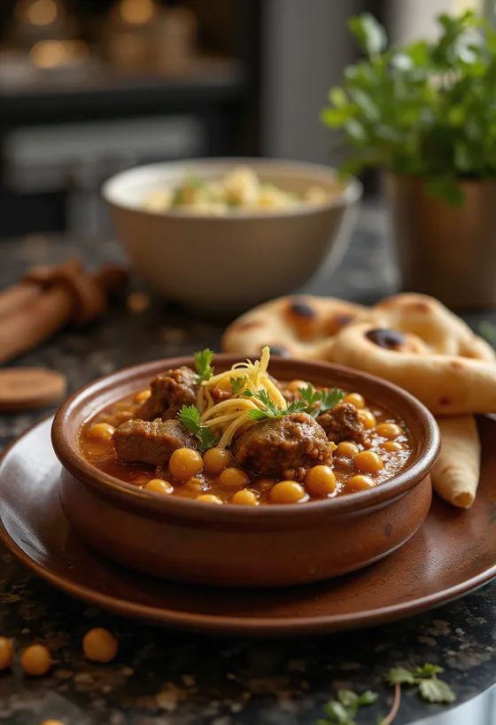 Nihari csicseriborsóval tálalva, gazdag húsos és fűszeres ragu