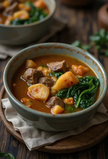 Ogbono Soup pálmaolajjal, gazdag fűszeres leves húsokkal és friss spenóttal