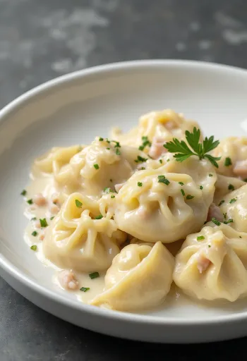 Pelmeni tejföllel és kaporral tálalva