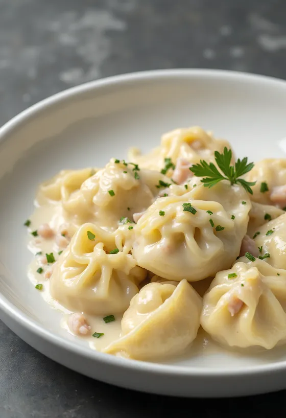 Pelmeni tejföllel és kaporral tálalva