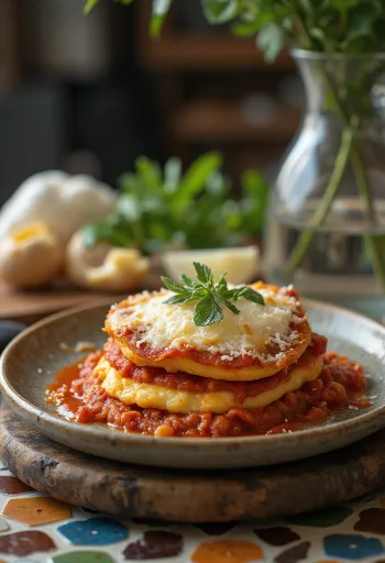Parmigiana pecorino sajttal rétegezve, grillezett padlizsánnal és paradicsomszósszal tálalva