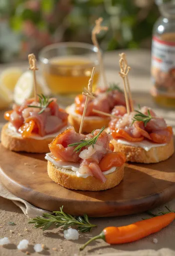 Pintxo ibériai sertéshússal, pirított kenyéren tálalva