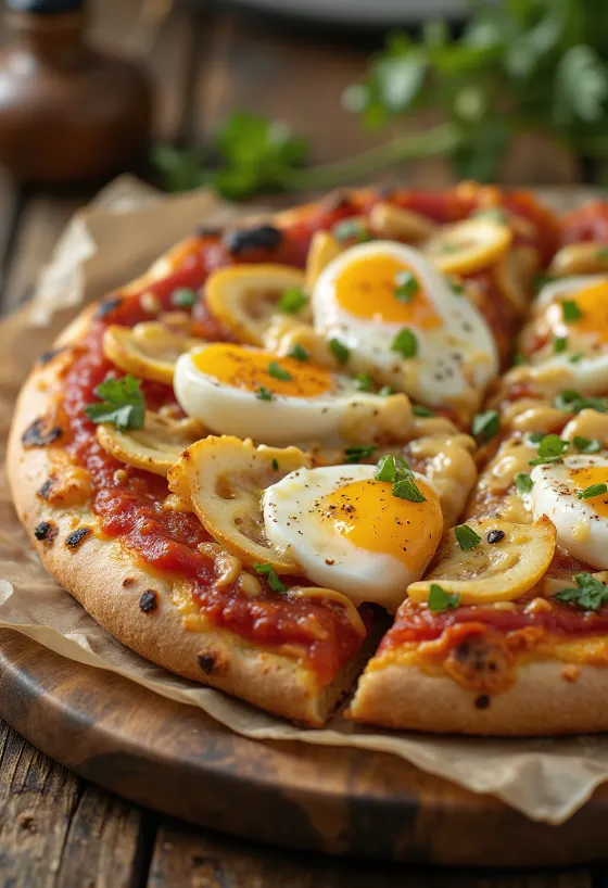 Izraeli Sabich pizza sült padlizsánnal és főtt tojással