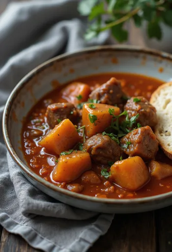 Pörkölt struccal tálalva friss kenyérrel.