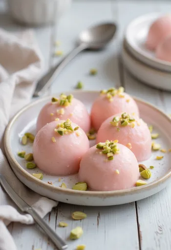 Rózsás kulfi díszítve pisztáciával és rózsaszirmokkal
