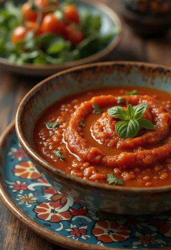 Füstölt paprika paradicsomszósz tálalva sült krumplival