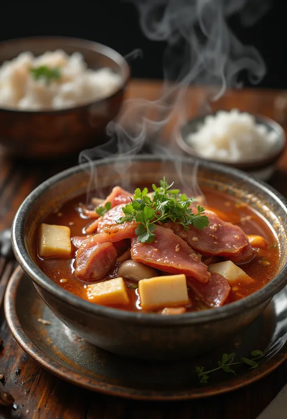 Sundae Jeongol Guk, tofuval, gombával és sundae-val tálalva