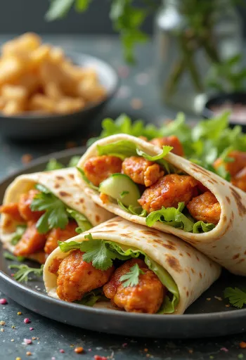 Tandoori csirke wrap tálalva, fűszeres csirke darabokkal, uborkával és korianderrel