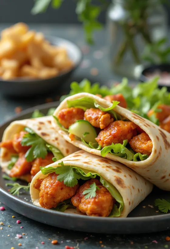 Tandoori csirke wrap tálalva, fűszeres csirke darabokkal, uborkával és korianderrel