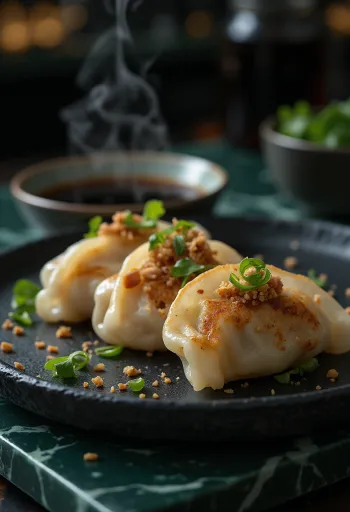 Thai Basil Gyoza szójaszószos tálalásban