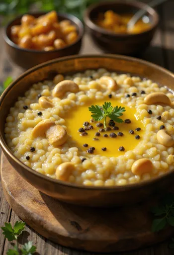 Thinai pongal, foxtail rizsből készült, friss zöldségekkel tálalva
