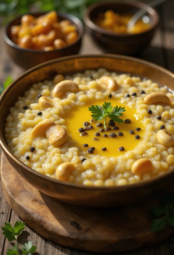 Thinai pongal, foxtail rizsből készült, friss zöldségekkel tálalva