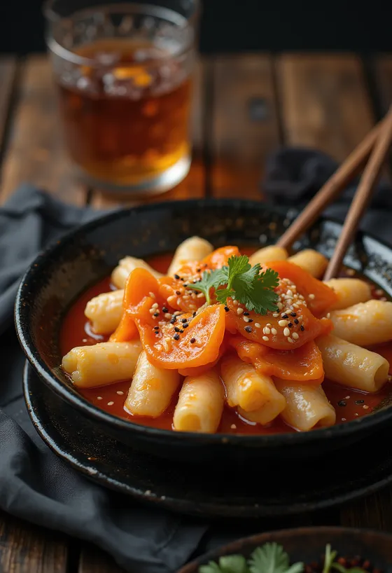 Tteokbokki halmasszával, szezámmaggal és zöldhagymával tálalva