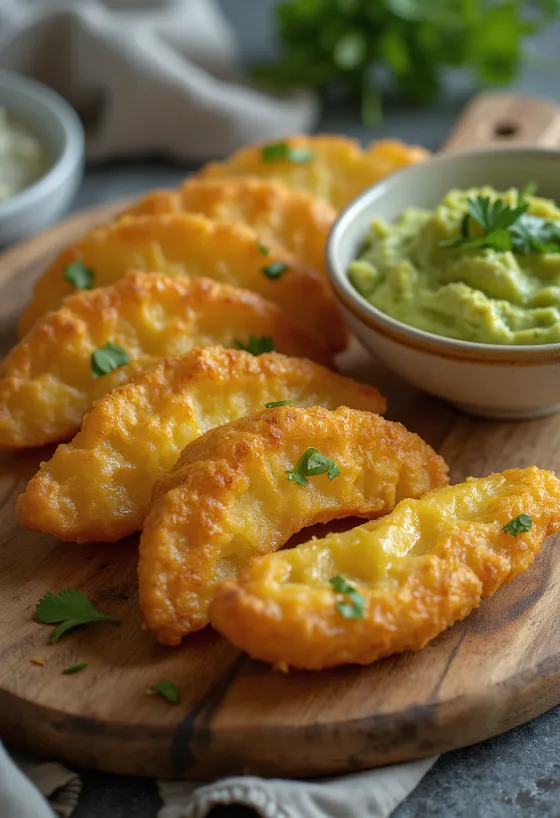 Yuca frita ropogós sült darabok avokádó szósszal és friss korianderrel.