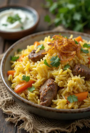 Zöldséges biryani báránnyal, gazdag fűszeres rizs és omlós bárányhús