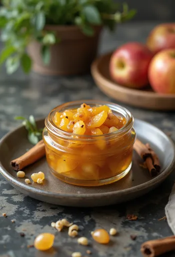 Apple chutney üvegben, gazdag narancssárga színű fűszeres szósz