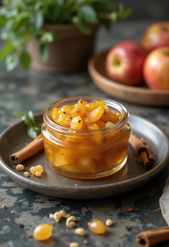Apple chutney üvegben, gazdag narancssárga színű fűszeres szósz