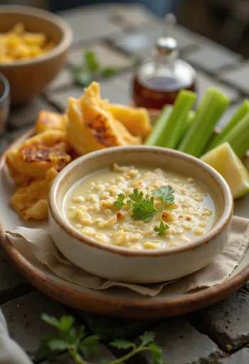 Bagna cauda tejszínnel, gazdag fokhagymás és anchovisos szósz, friss zöldségekkel tálalva