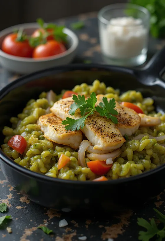 Callaloo sózott hallal, friss korianderrel díszítve