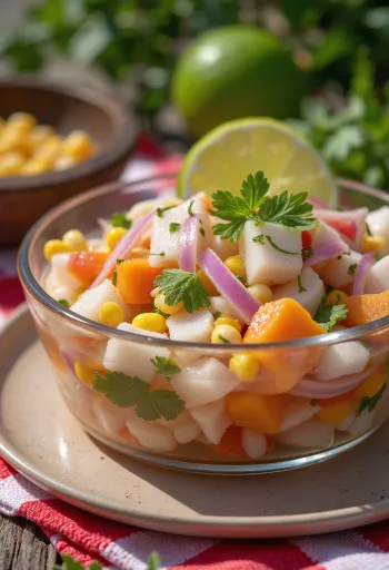 Ceviche Chileno tálalva lime-lével és avokádóval