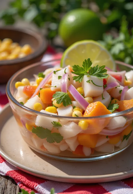 Ceviche Chileno tálalva lime-lével és avokádóval
