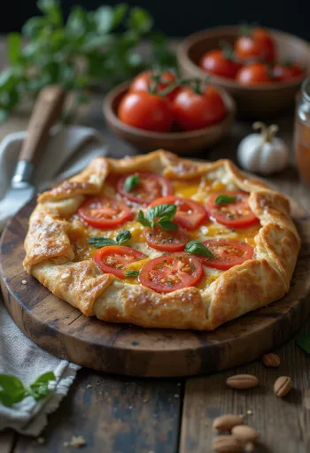 Crostata sós változatban paradicsommal és mozzarellával, friss bazsalikommal díszítve