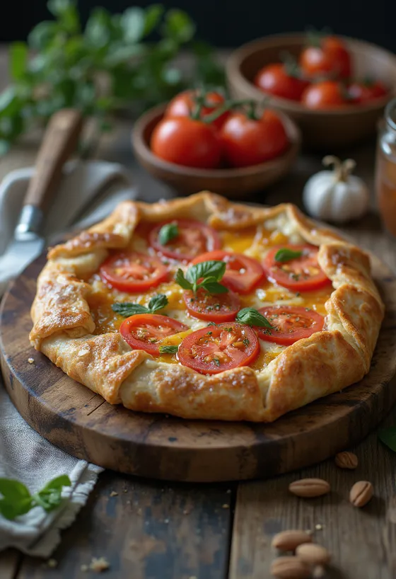 Crostata sós változatban paradicsommal és mozzarellával, friss bazsalikommal díszítve