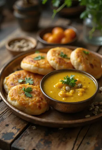 Dal Baati Rajasthan specialitás, toor dal és basmati rizs tálalva pirított tökmaggal és friss korianderrel