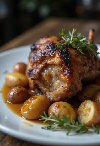 Duck confit tálalva burgonyapürével és zöldségekkel