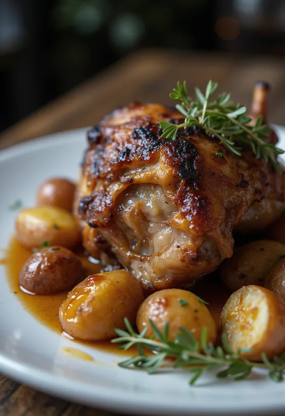 Duck confit tálalva burgonyapürével és zöldségekkel
