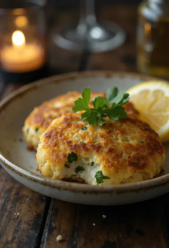 Fishcake korianderrel, friss halrudak fűszeres korianderrel és citrommal tálalva