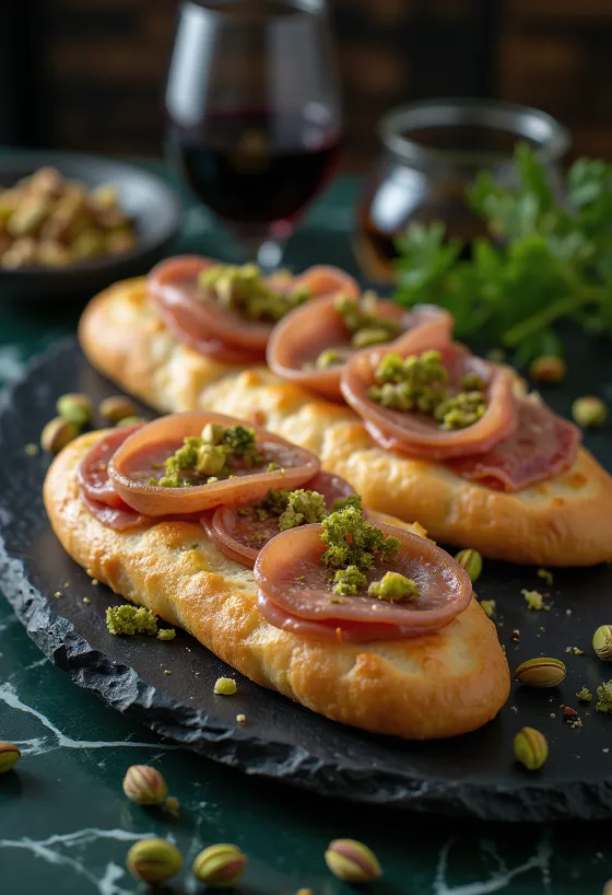 Focaccia mortadellával és pisztáciával tálalva