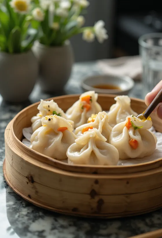 Gluténmentes rizslisztes dumpling tálalva