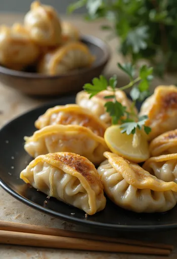 Gyömbéres gyoza ropogós aljú, finom töltelékkel, gyömbéres szósszal tálalva.