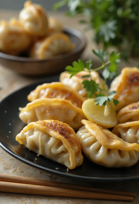 Gyömbéres gyoza ropogós aljú, finom töltelékkel, gyömbéres szósszal tálalva.