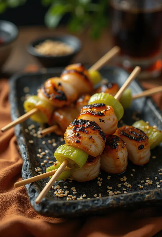 Ikada yakitori póréhagyma, tenger gyümölcseivel és szójaszószos mártással