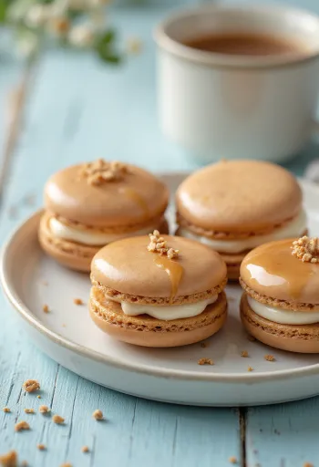 Karamellás macaron tálalva