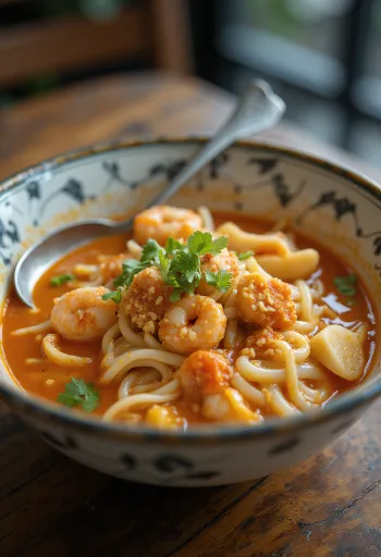 Katong Laksa, gazdag kókuszos csirke leves rizstésztával és friss fűszerekkel