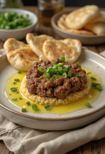 Kibbeh Nayyeh tálalva friss pita kenyérrel és gránátalma magokkal