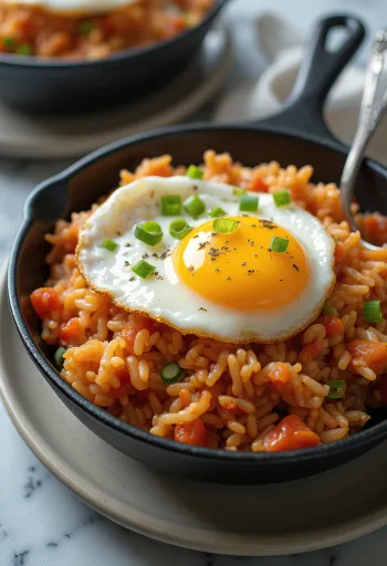 Kimchi bokkeumbap, koreai sült rizs tojással és friss zöldségekkel tálalva