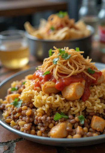 Koshari csirkével, egyiptomi étel rizsből, lencséből, makaróniból és csirkéből, gazdag paradicsomos szószban